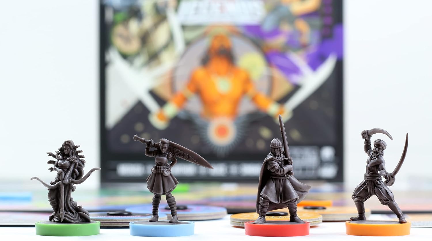 Unmatched - Battle of Legends Vol 1, featuring the game's four legendary heroes: Medusa, King Arthur, Alice, and Sinbad. dynamic depictions of each character in a combat stance, with a mix of fantasy and action elements.