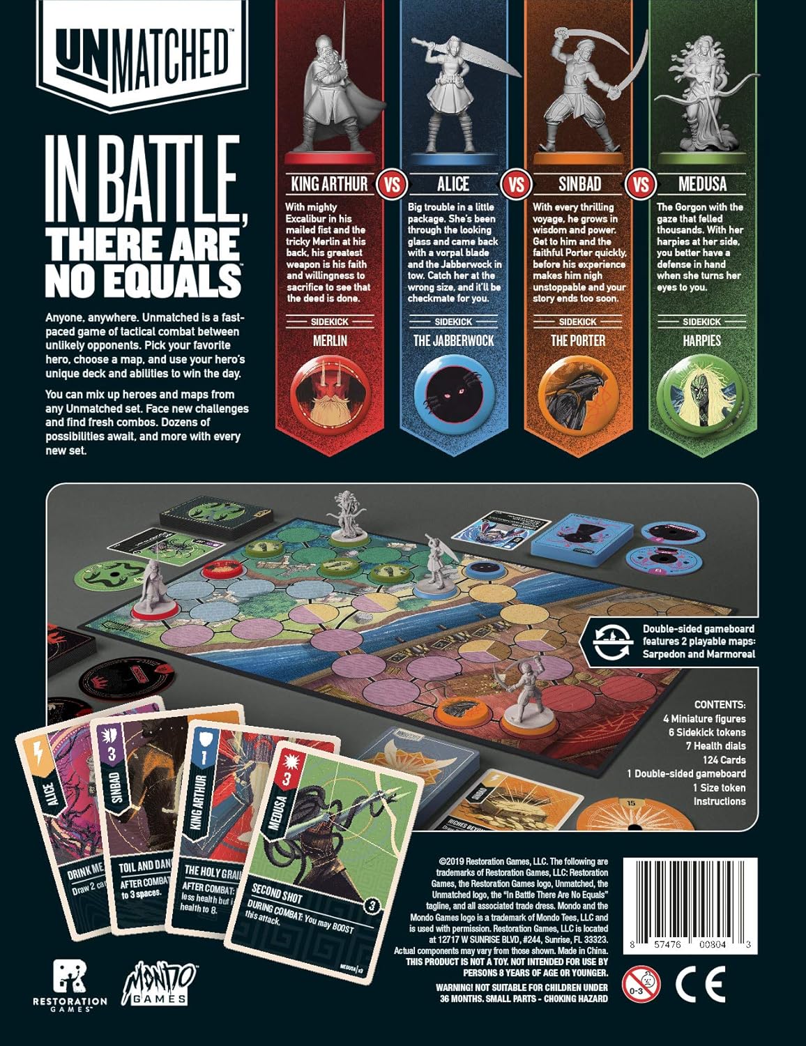 The product image shows the packaging for 'Unmatched - Battle of Legends Vol 1', featuring illustrations of the game's four legendary heroes: Medusa, King Arthur, Alice, and Sinbad. The box art includes general information
