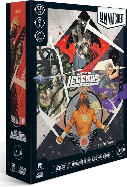  packaging for 'Unmatched - Battle of Legends Vol 1', featuring illustrations of the game's four legendary heroes: Medusa, King Arthur, Alice, and Sinbad. The box art includes vibrant, dynamic depictions of each character in a combat stance, with a mix of fantasy and action elements.