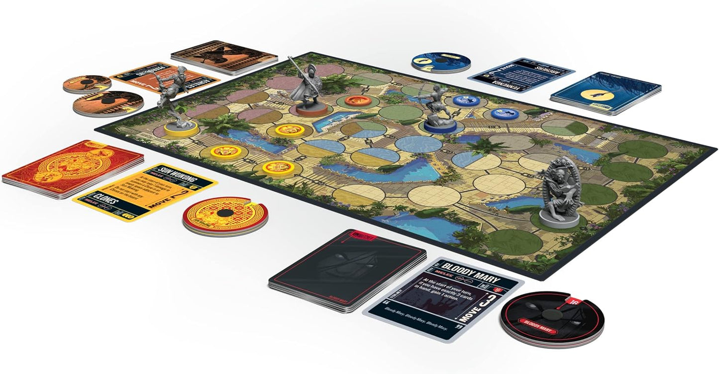 Board game with various components on a white background