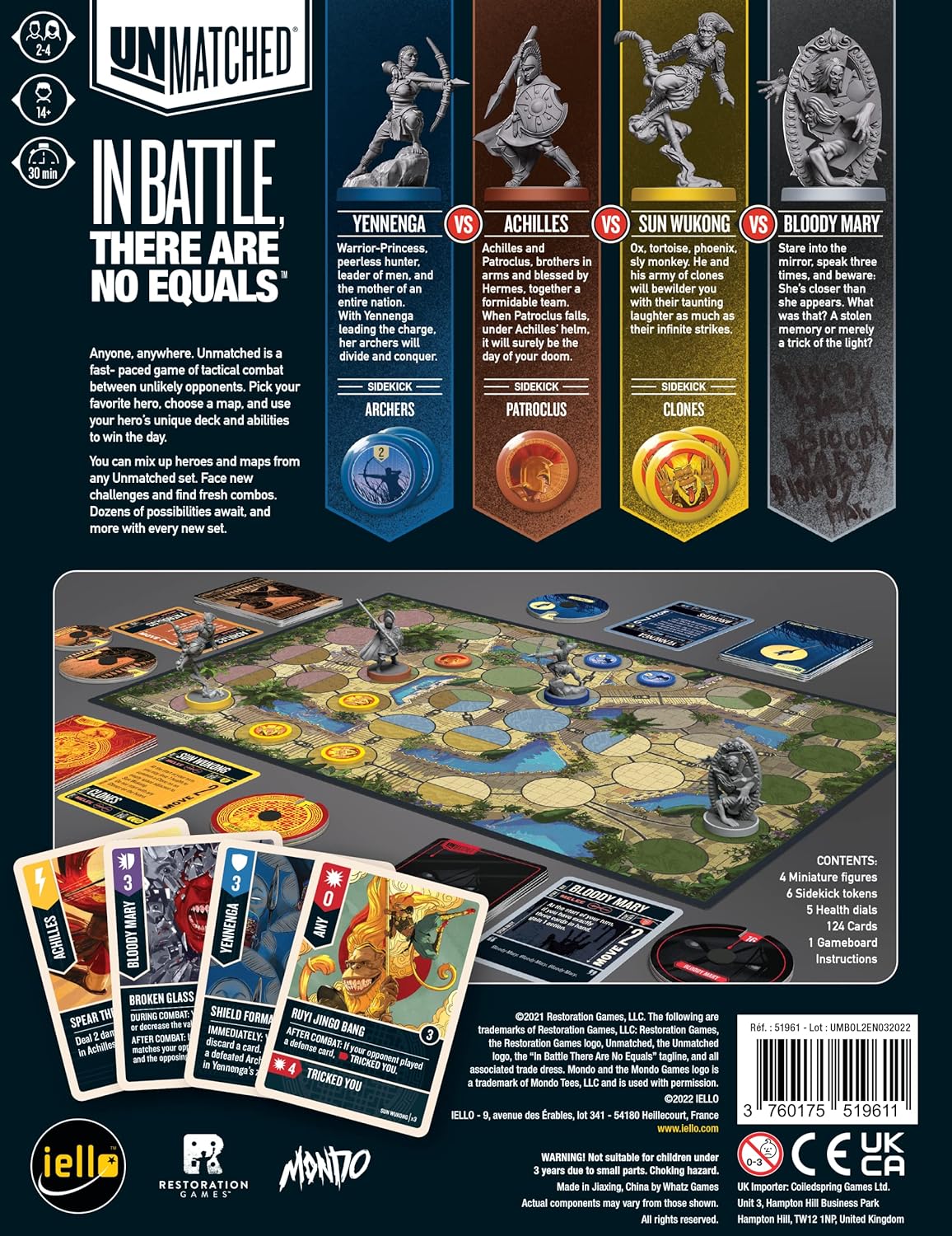 Board game packaging with character cards and game board layout
