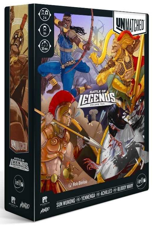 Board game box titled 'Battle of Legends' with warrior illustrations on a white background
