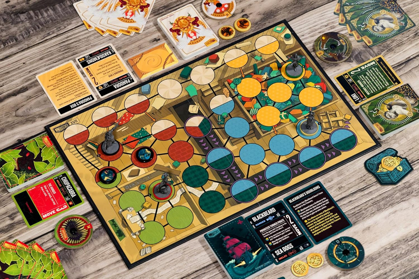 Battle of Legends Vol 3 Board game with colourful tiles and cards on a wooden surface