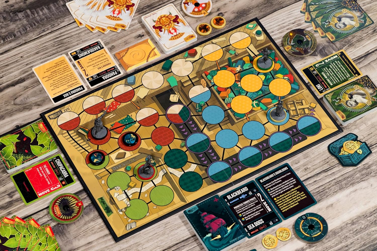 Battle of Legends Vol 3 Board game with colourful tiles and cards on a wooden surface