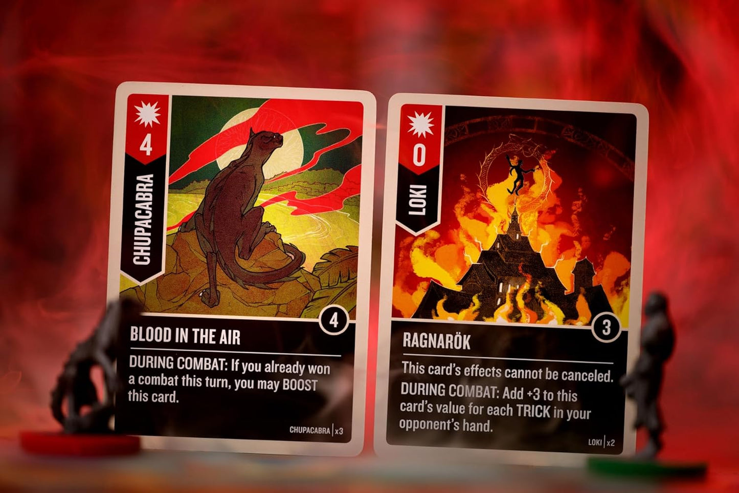 Two fantasy trading cards with characters and text on a red background for Battle of Legends Vol 3