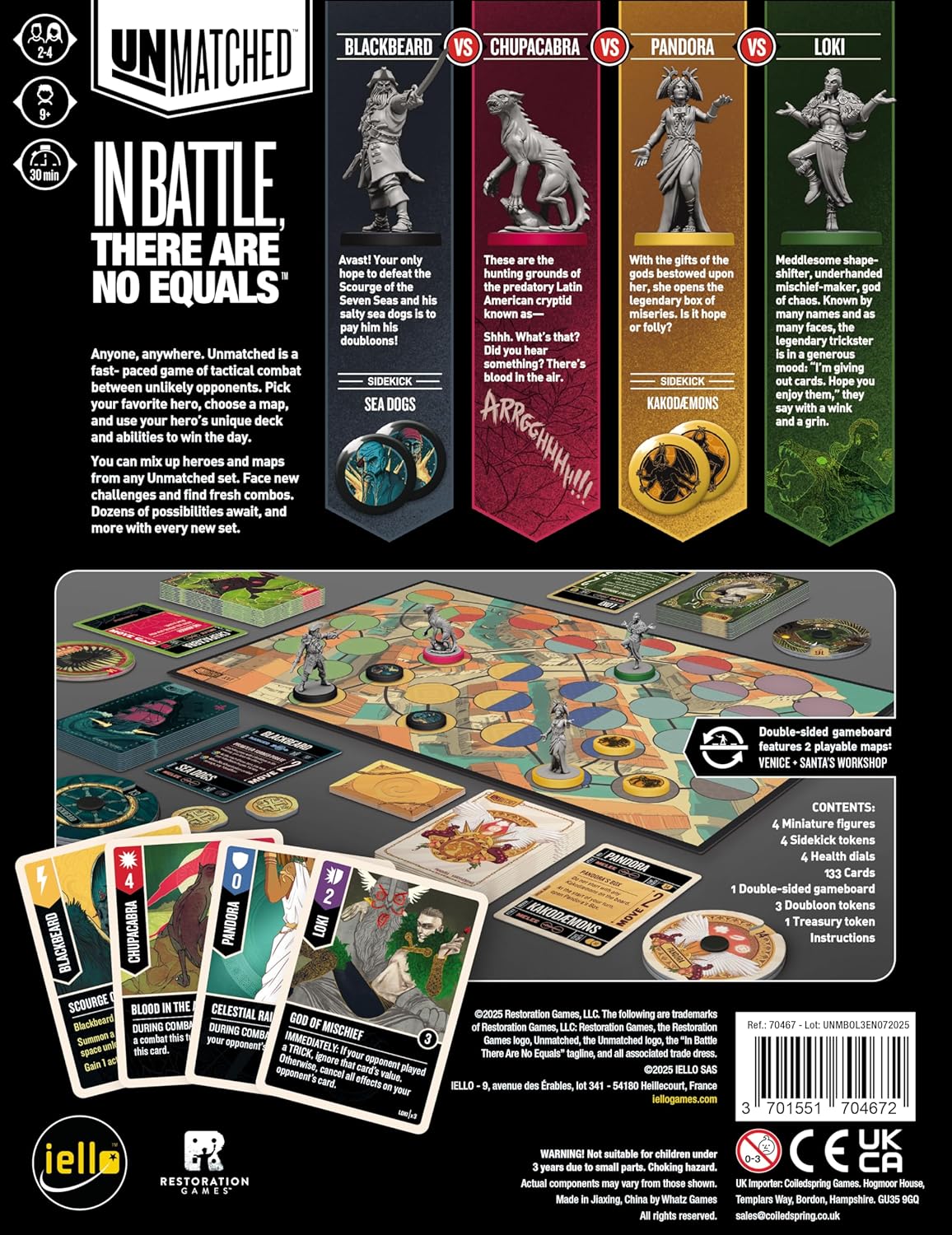 Battle of Legends Vol 3 board game packaging with character cards and game board on a black background