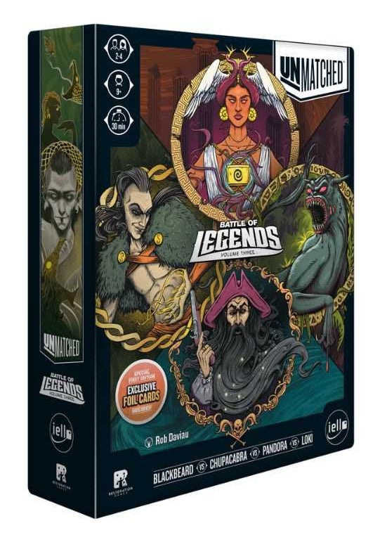 Board game box for 'Battle of Legends' with colourful illustrations on a white background