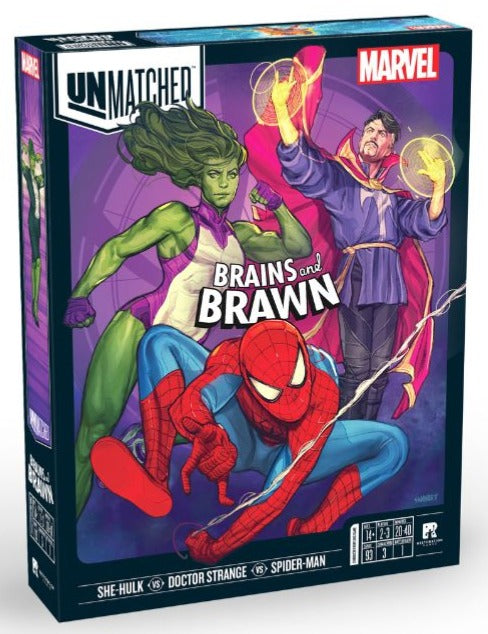 Marvel-themed board game box featuring She-Hulk, Doctor Strange, and Spider-Man on a purple background.