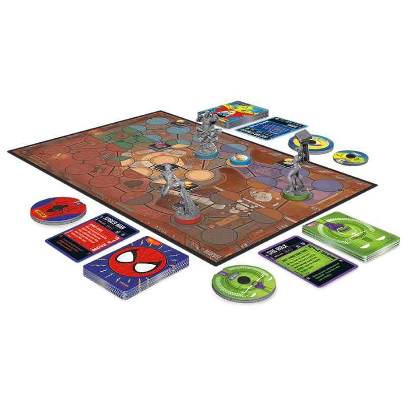 Unmatched Brains and Brawn board game with colourful cards and character pieces on a white background