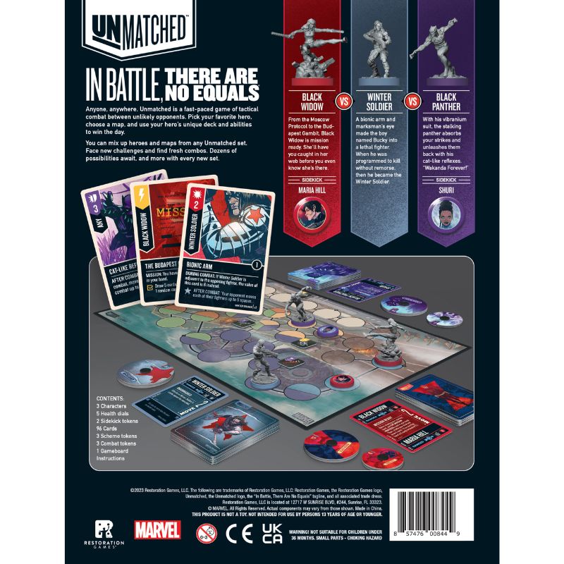 Back view of Unmatched board game packaging with game pieces and cards displayed.