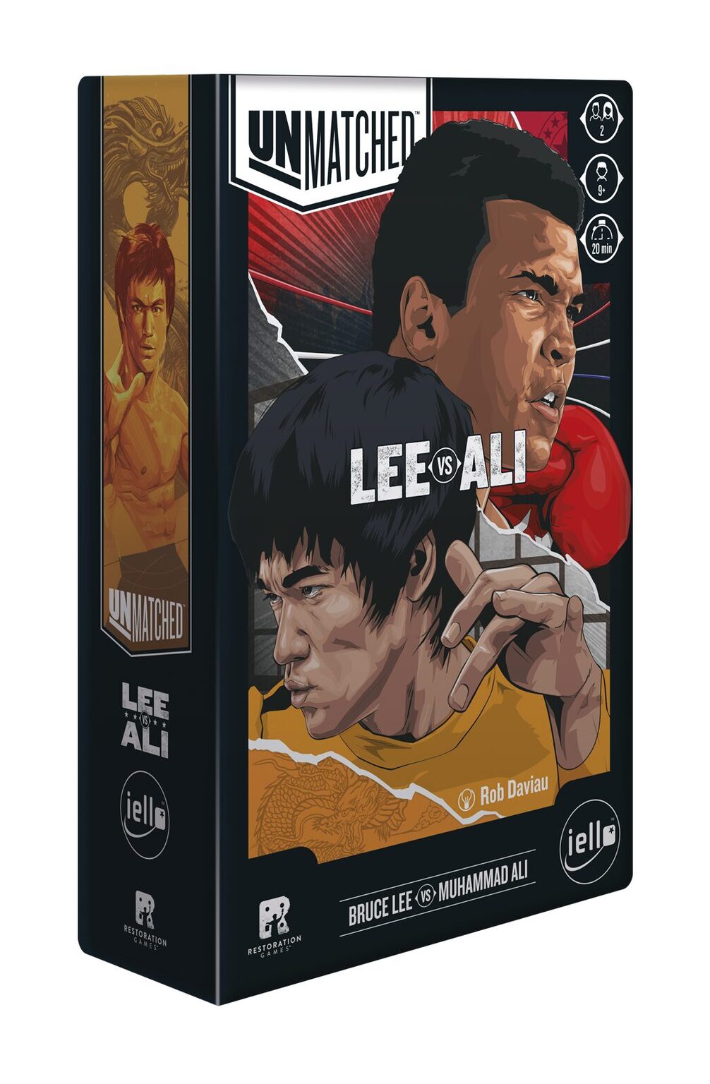 Unmatched Lee vs. Ali Board game box featuring illustrations of Bruce Lee and Muhammad Ali with 'Unmatched' branding.