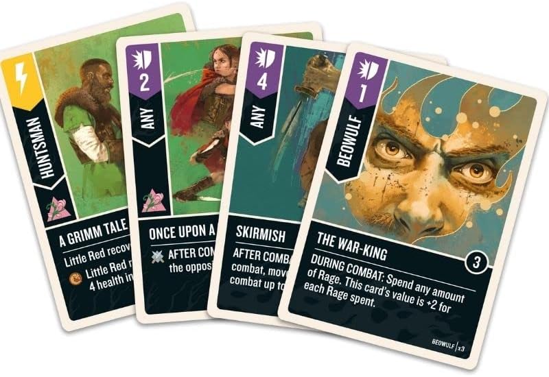 Four fantasy game cards with different characters and text on a white background for Unmatched: Red Riding Hood vs Beowulf