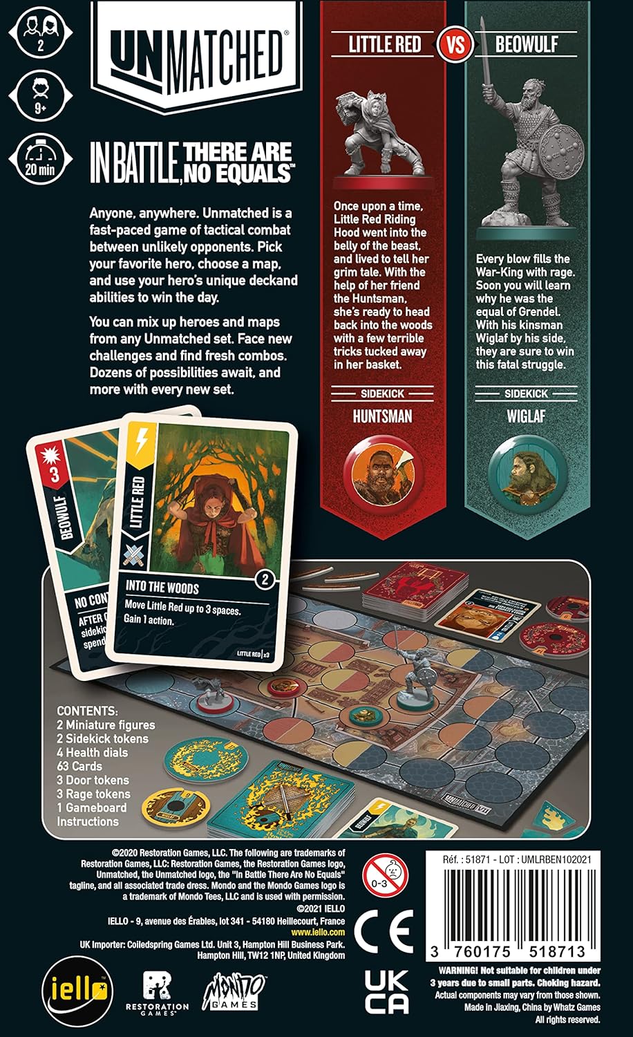 Back view of Unmatched: Red Riding Hood vs Beowulf board game packaging with cards, figures, and game pieces.