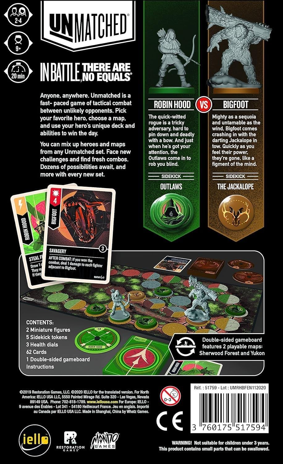 Game box for 'Unmatched' with figures, cards, and game board on a black background
