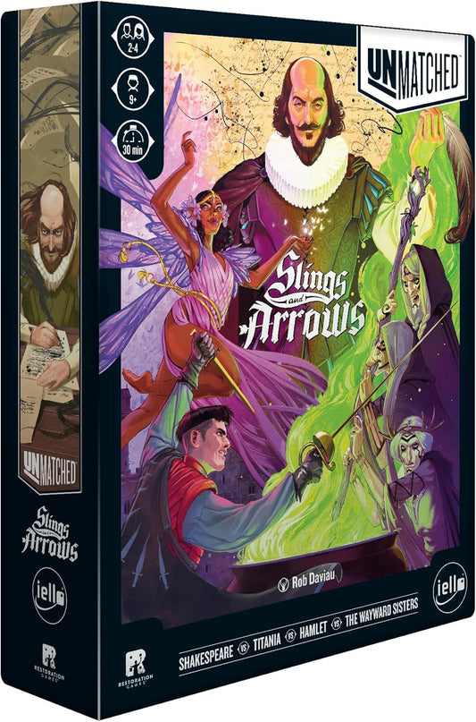 A board game box cover for 'Unmatched: Slings and Arrows' featuring illustrated designs of William Shakespeare, Titania, Hamlet and The Wayward Sisters
