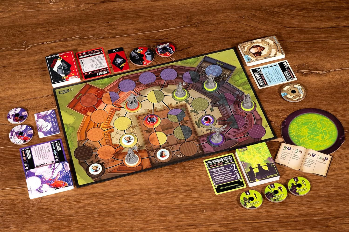 Unmatched Slings and Arrows board game with character pieces and cards on a wooden surface