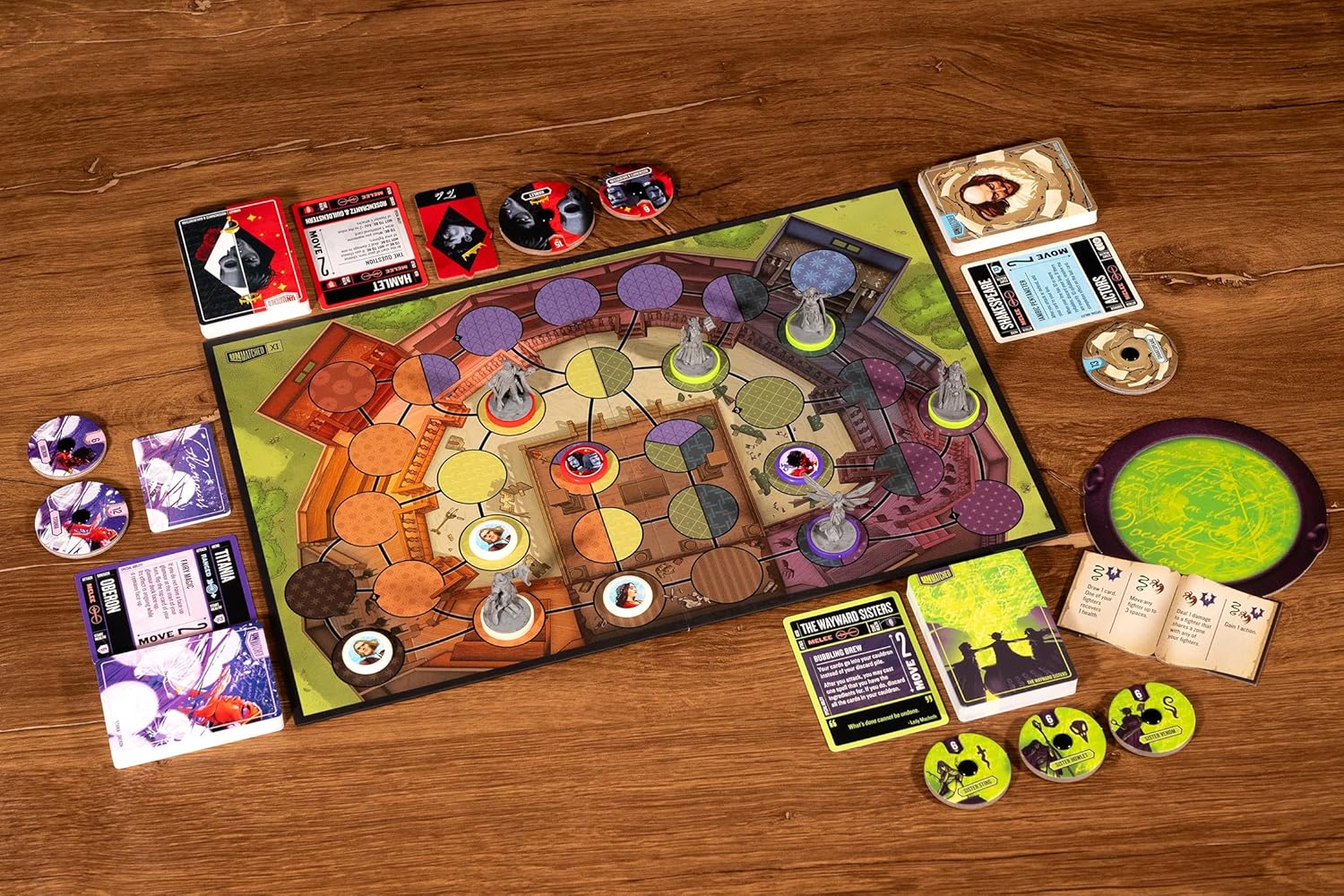 Unmatched Slings and Arrows board game with character pieces and cards on a wooden surface