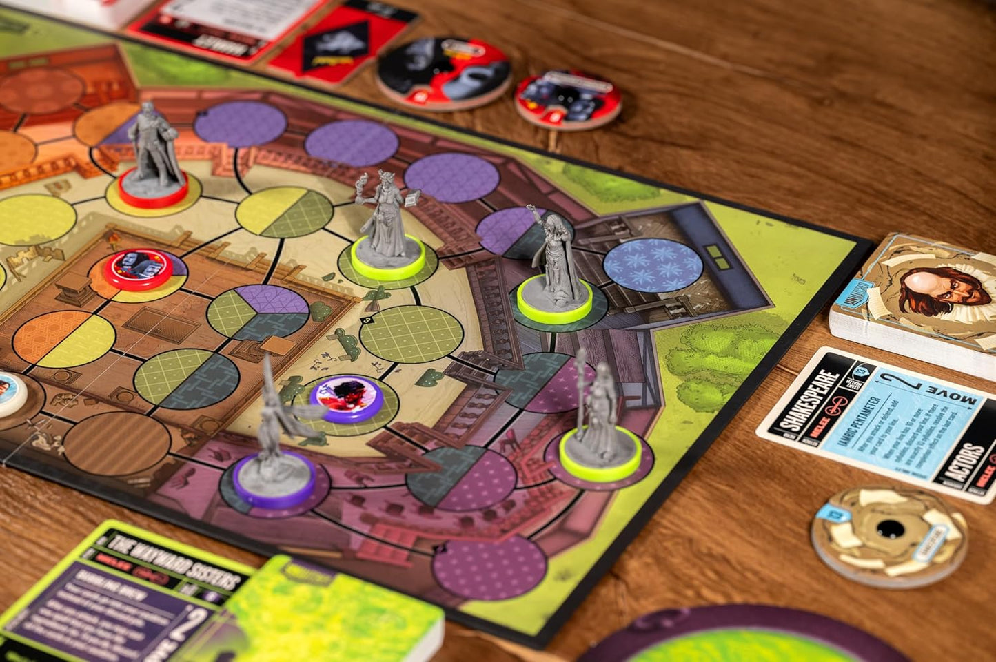 Unmatched Slings and Arrows board game in progress with pieces and cards on a wooden table
