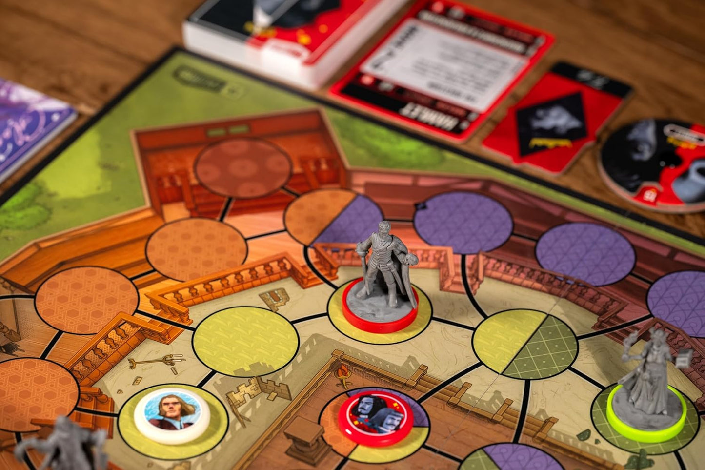 Unmatched Slings and Arrows board game with pieces and cards on a wooden table