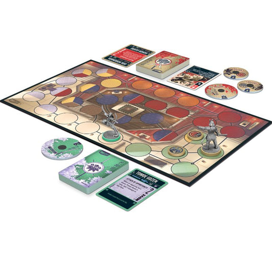 Board game with pieces, cards, and a colourful board on a white background
