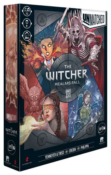 Board game box for 'The Witcher: Realms Fall' by Unmatched Games on a white background