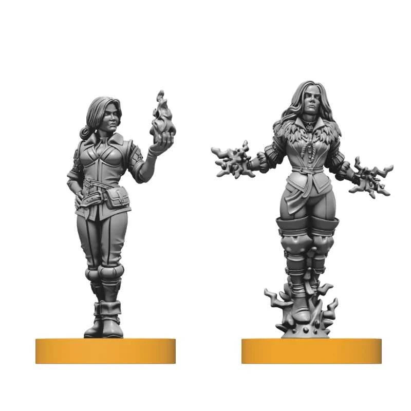 Two gray miniature figures on yellow bases against a white background