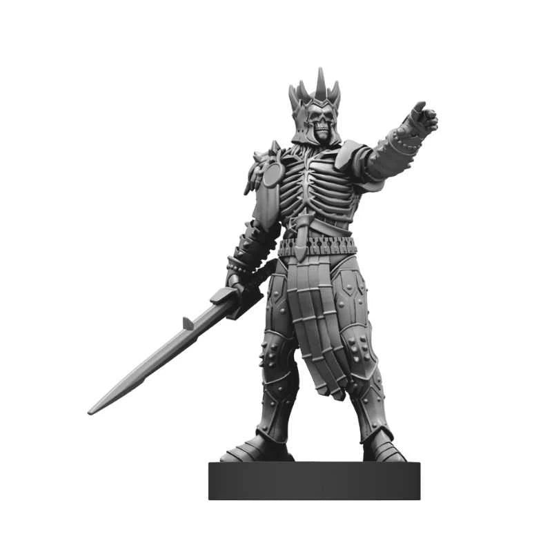 Gray metallic figurine of a warrior with armor and a sword on a white background