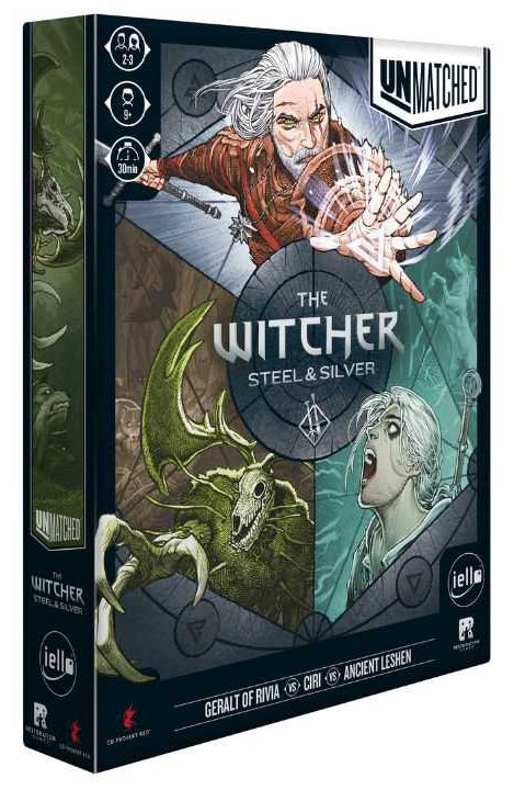 Board game box for 'The Witcher: Steel & Silver' by Unmatched Games on a white background