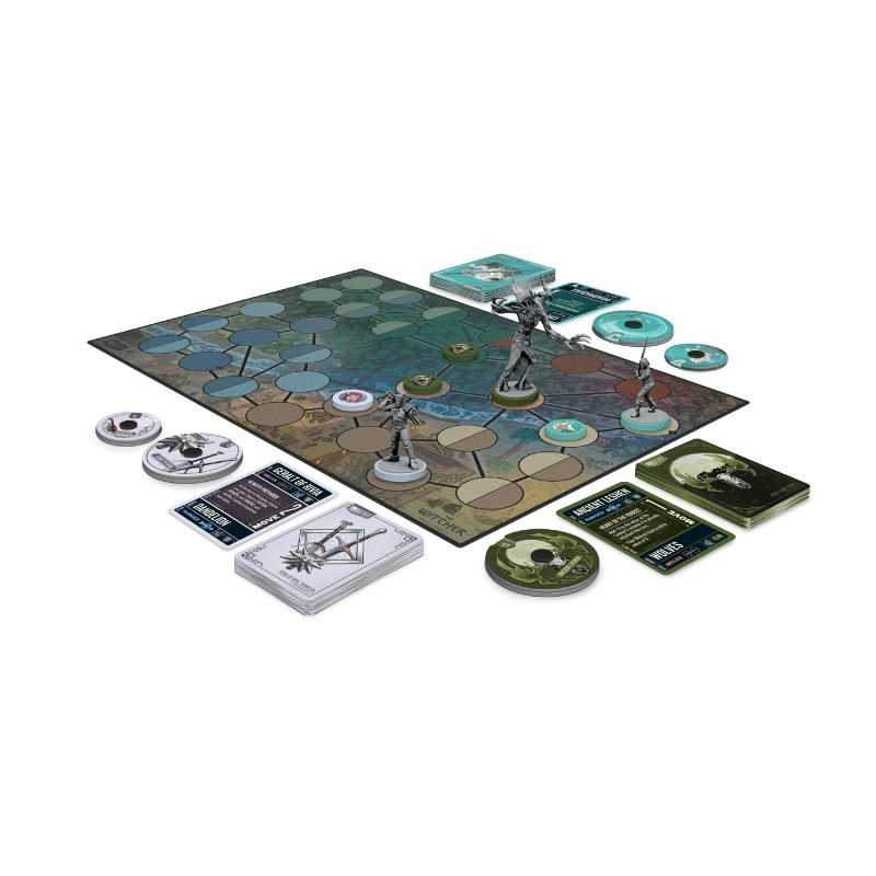 Board game set with pieces, cards, and a map on a white background