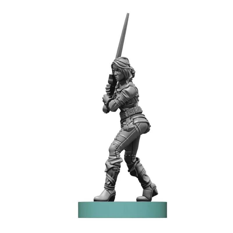 Gray figurine of a warrior holding a sword on a white background