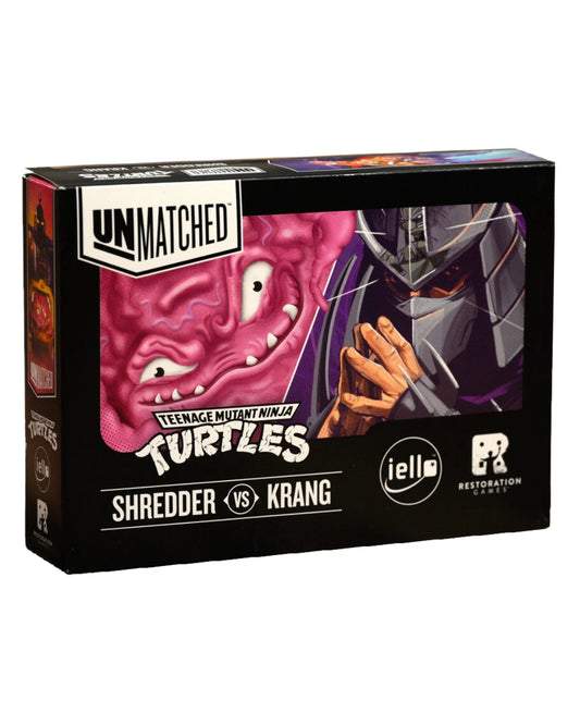 Unmatched Teenage Mutant Ninja Turtles Shredder vs Krang board game box, featuring a black background with colorful character art of Pinky and Shredder, along with Iello and Restoration Games logos.