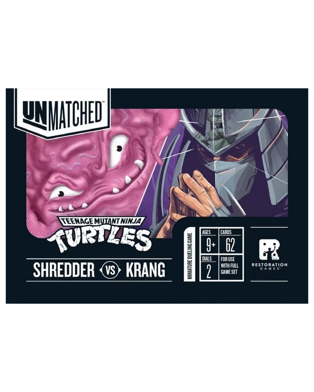 Front of the Teenage Mutant Ninja Turtles Unmatched Shredder vs Krang note card game set box, featuring artwork of Shredder and Krang on a dark background with product details on the right.