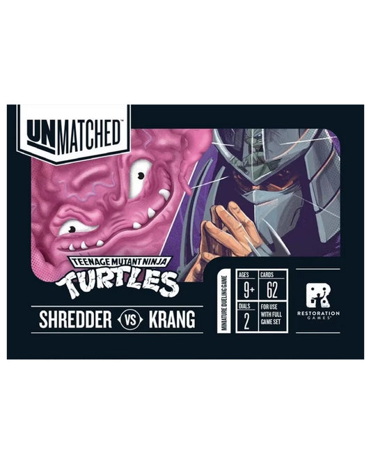 Front of the Teenage Mutant Ninja Turtles Unmatched Shredder vs Krang note card game set box, featuring artwork of Shredder and Krang on a dark background with product details on the right.