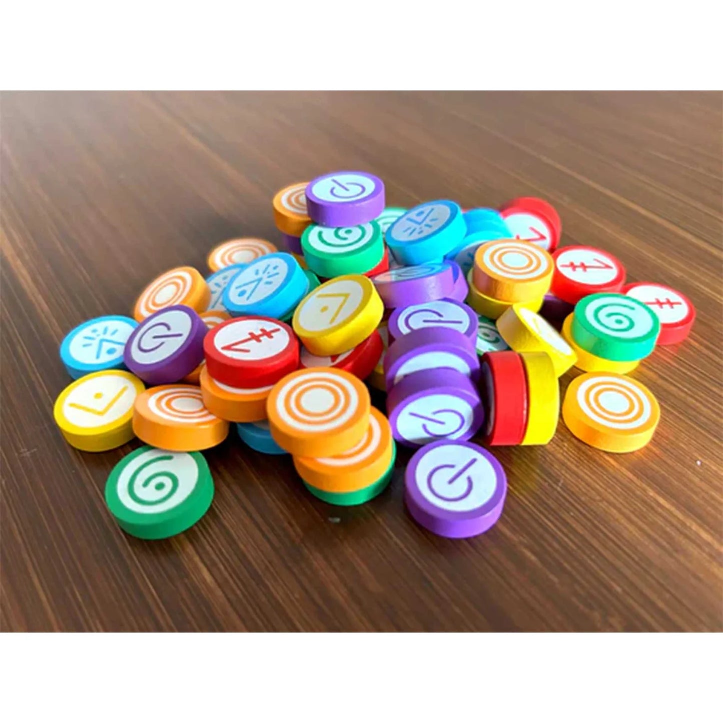 Colourful wooden tokens for Vantage the board game on wooden table