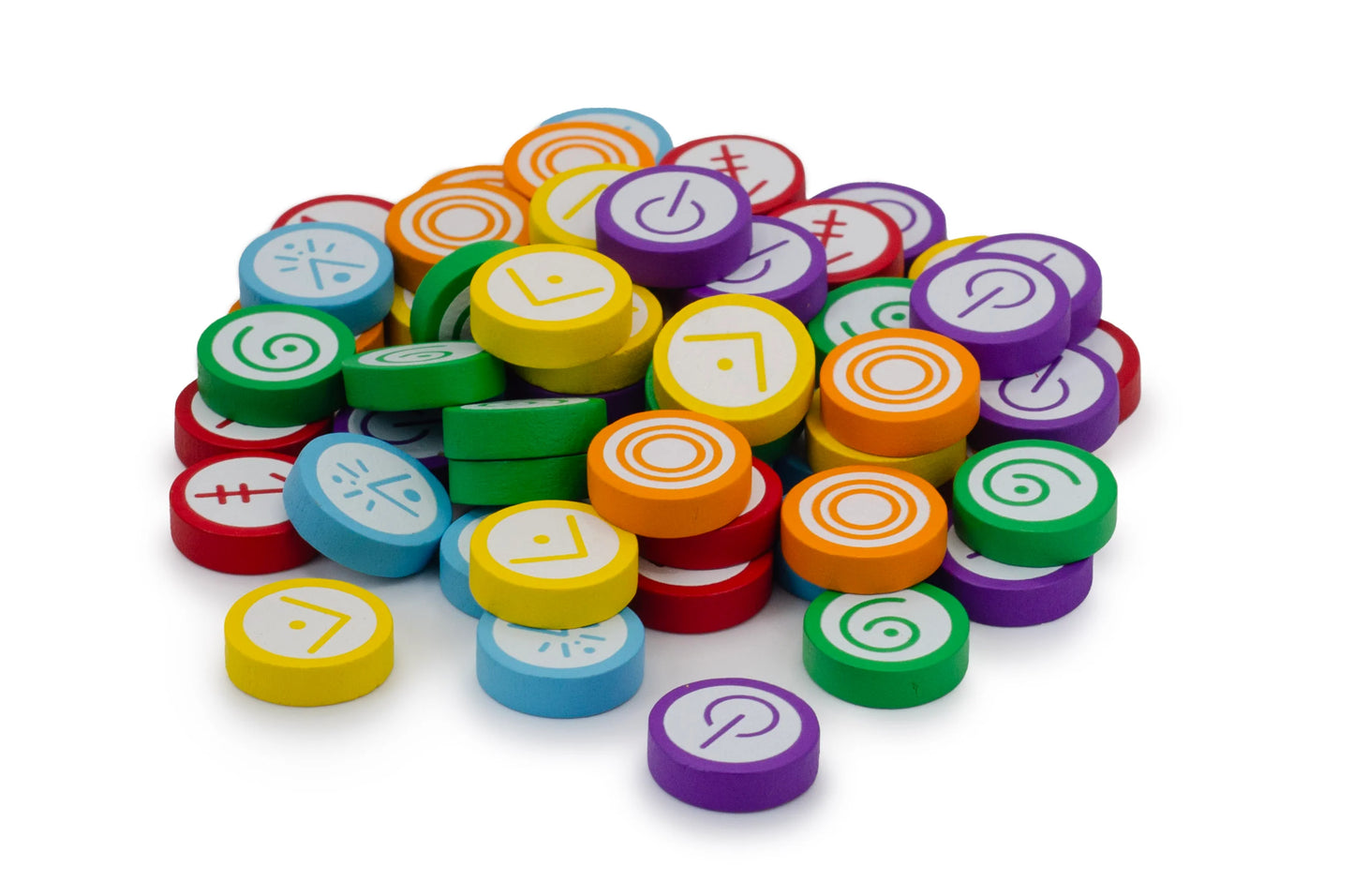 Colourful wooden tokens for Vantage the board game