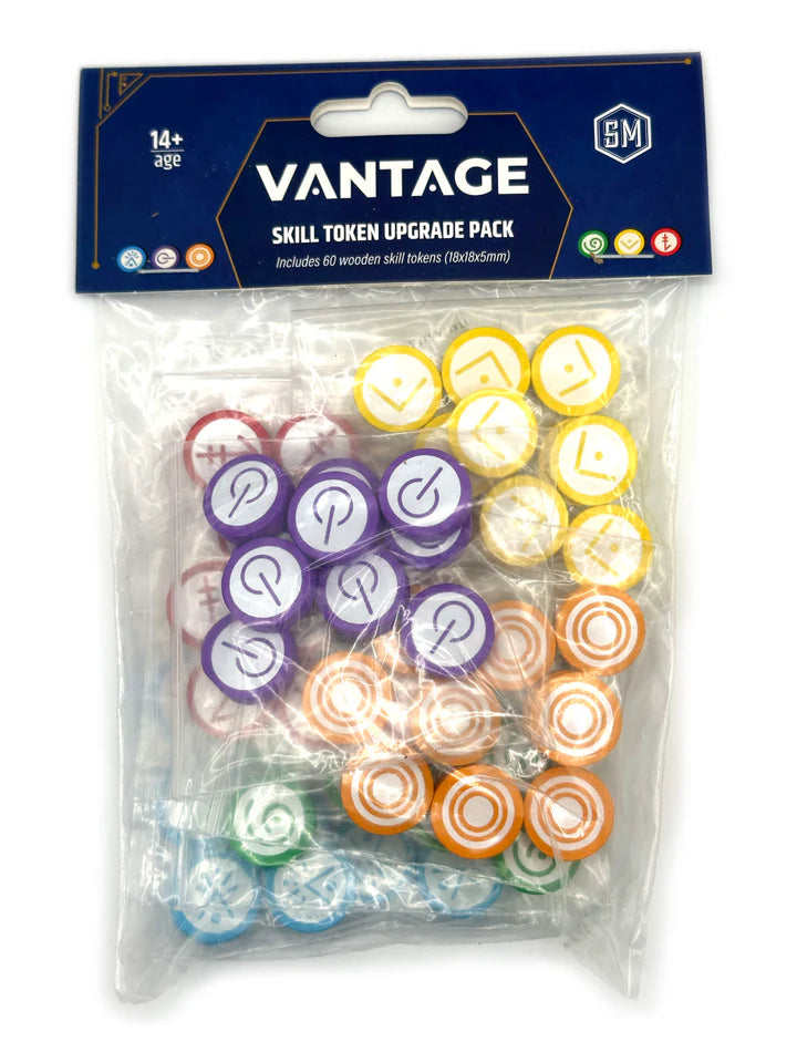 Colourful wooden tokens for Vantage the board game in packaging