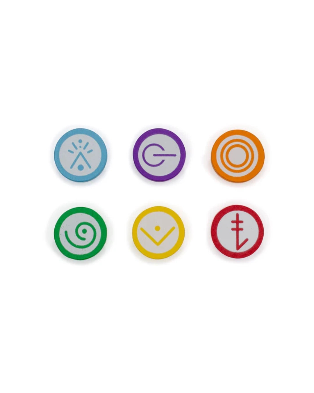 Six circular colourful tokens for Vantage, the board game, arranged in a 2x3 grid on a white background, each with a different symbol inside: light blue, purple, orange, green, yellow, and red.
