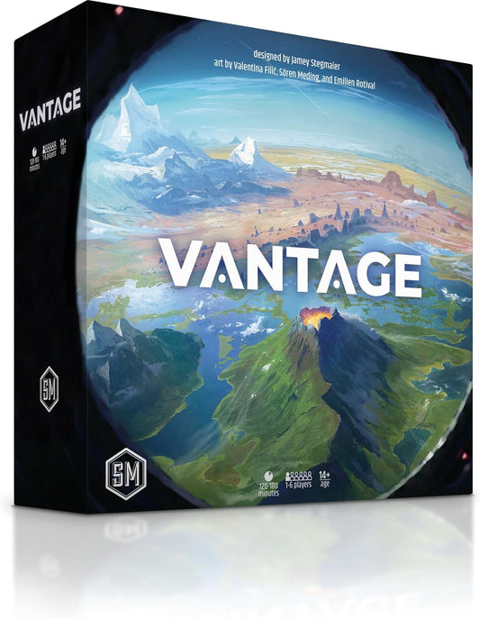 Board game box titled 'Vantage' with a scenic design on a white background
