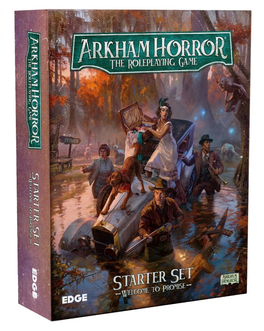 Arkham Horror: The Roleplaying Game Starter Set - Welcome To Promise by Edge, featuring illustrated cover art of a group in a swampy forest with a car and magical lights.