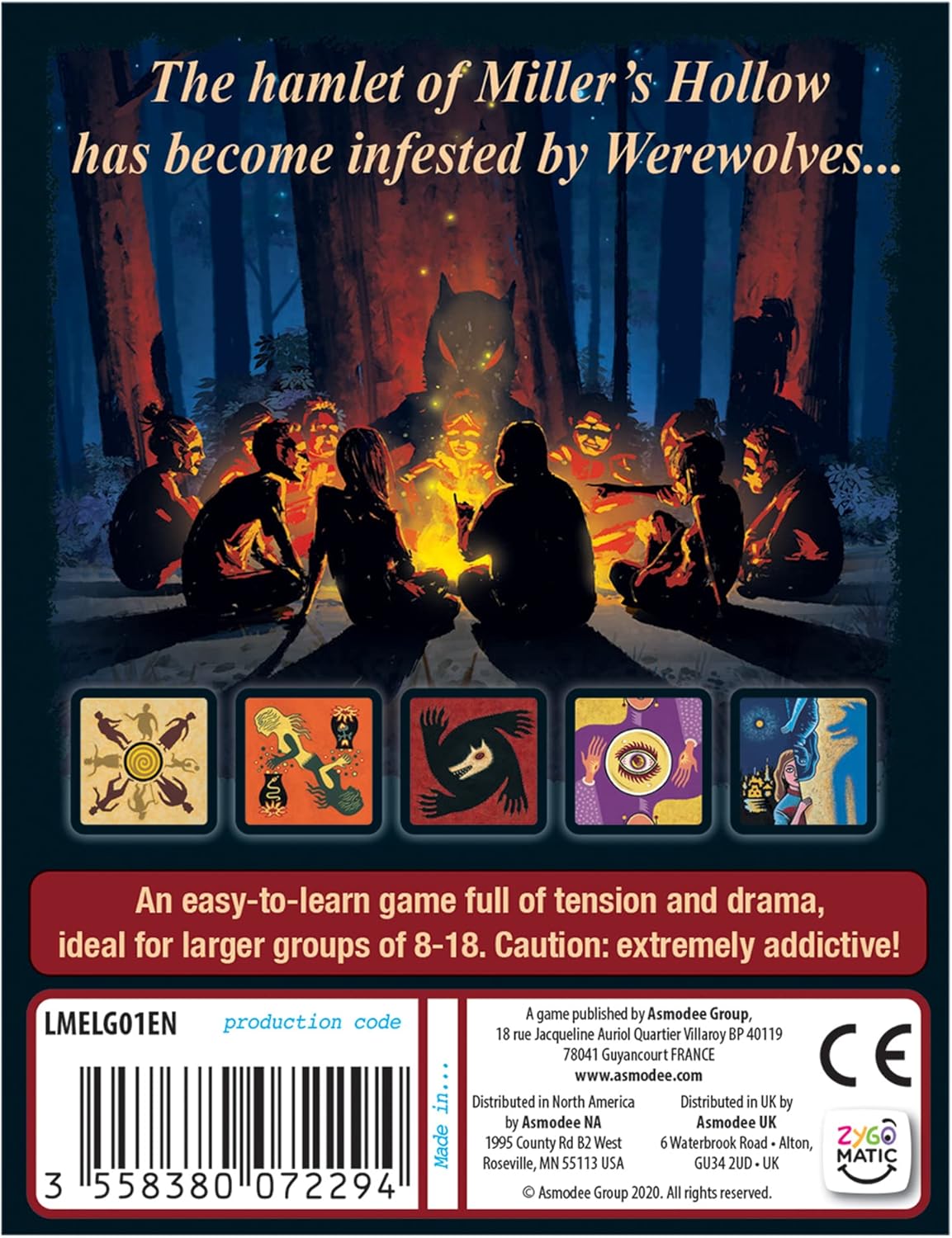 Werewolves of Miller's Hollow 2020 Edition back featuring a group of people around a campfire with werewolves in the background, text about infestation by werewolves, and game icons.