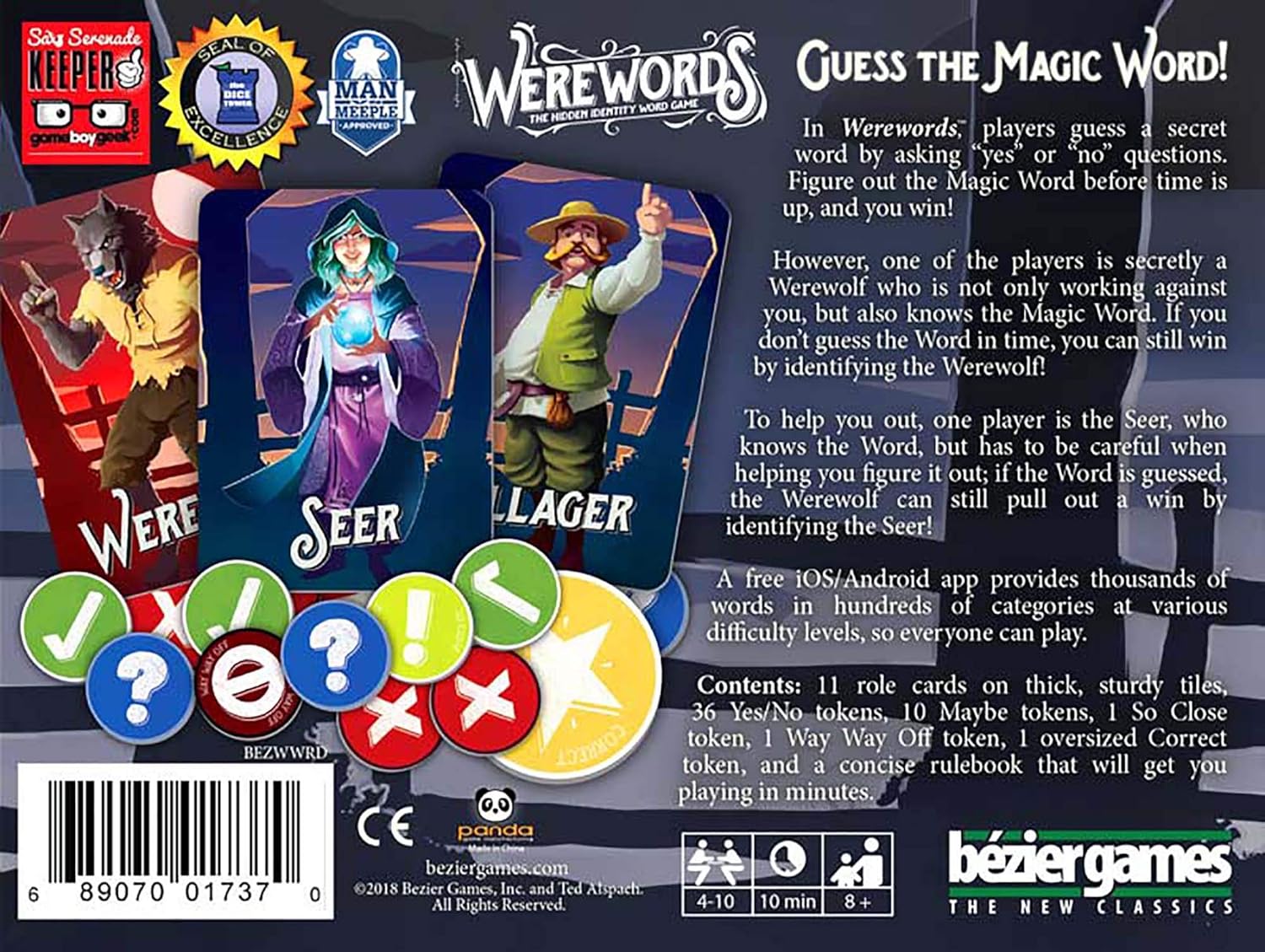 Werewords game box with character cards and game rules.