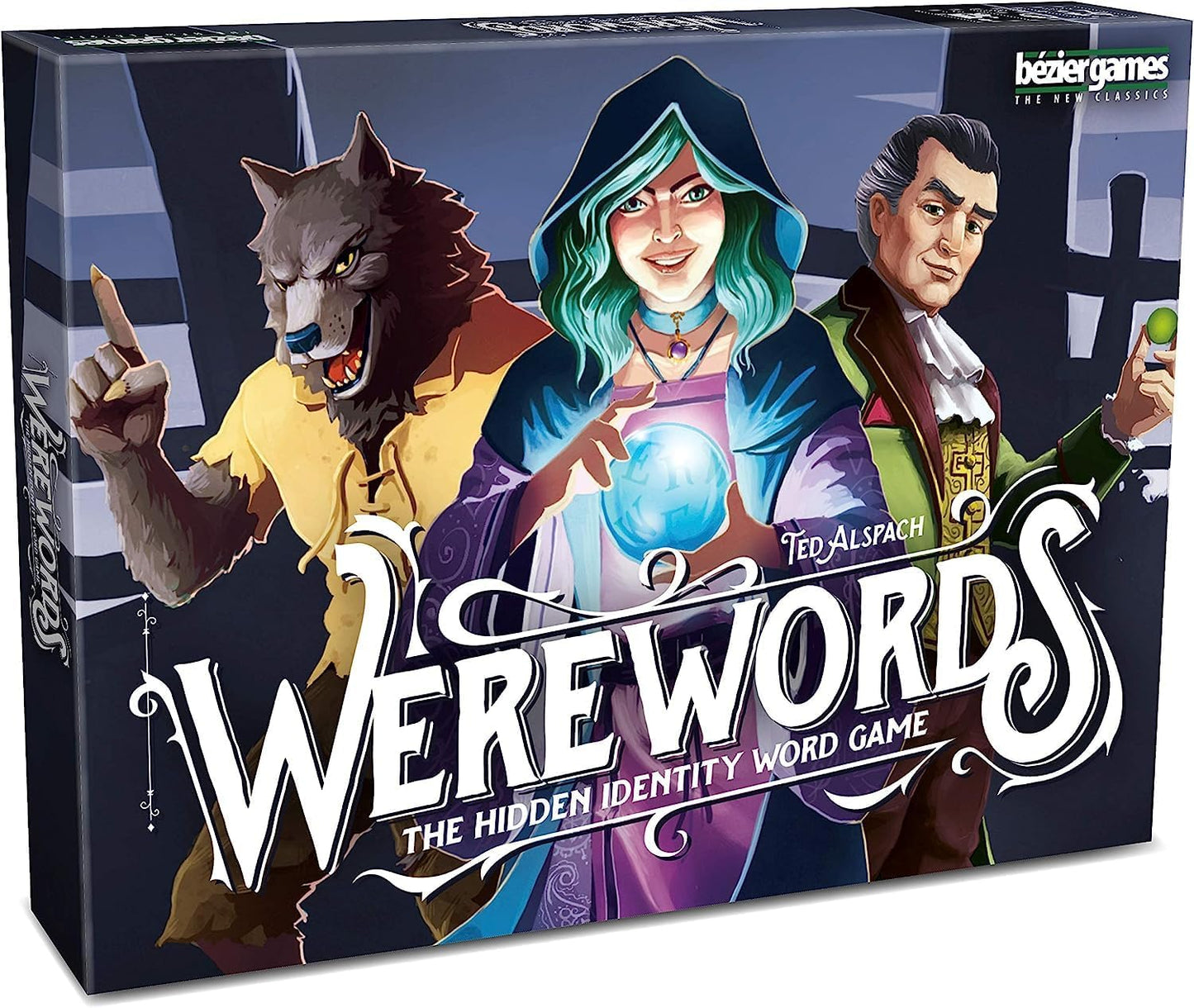 Board game box for 'WereWords' featuring characters and a wolf, with 'Beezer Games' branding.