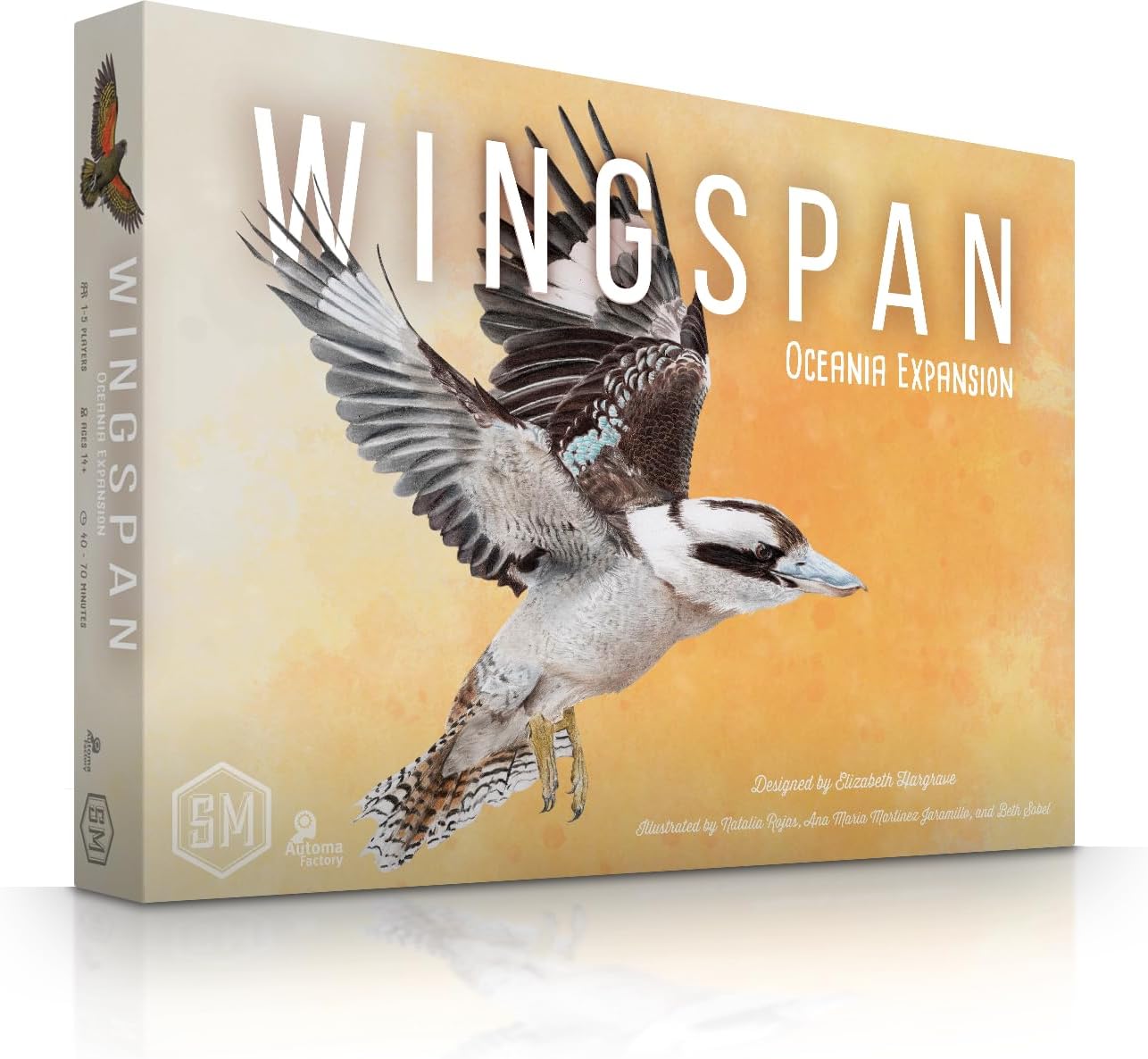 Wingspan Oceania Expansion product packaging featuring a Laughing Kookaburra on a orange background