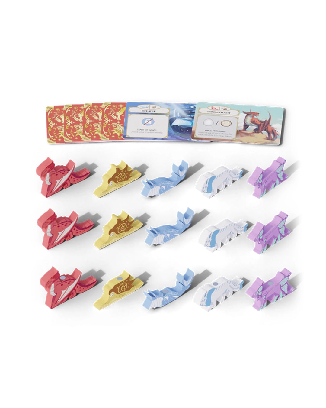 A set of small miniatures for Wondrous Creatures Crew Set Expansion below an instruction booklet on a plain white background. The set includes red, yellow, light blue, white, and purple paper airplanes, with the booklet showing colorful printed instructions.
