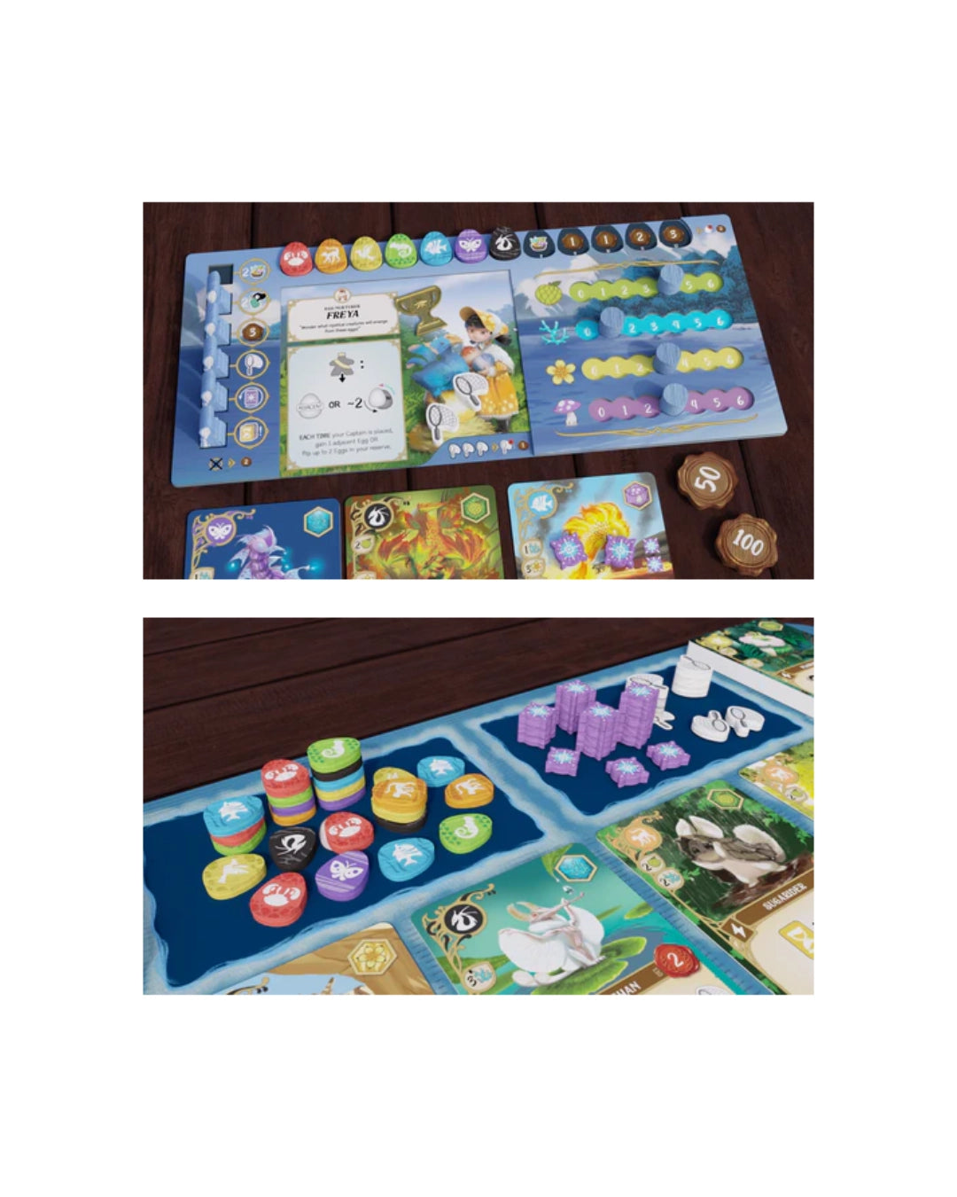 Two overhead views of a board game Wondrous Creatures Crew Set Expansion set laid out on a dark wooden table. The top view shows the main game board with colorful round tokens, cards, and small wooden dice.