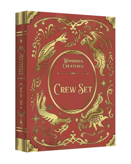 board game expansion titled 'Crew Set' from the 'Wondrous Creatures' series, featuring ornate gold foil illustrations of fantasy creatures and decorative borders on the cover and spine.