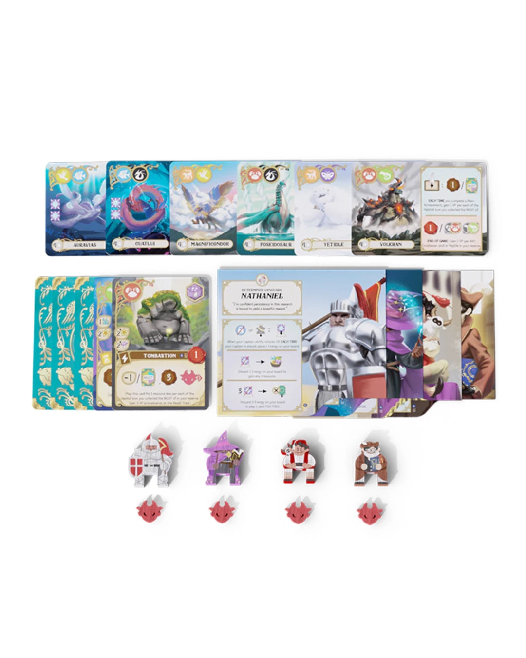 A set of fantasy miniatures and cards arranged on a white background. For Gargantuan Beasts' from the 'Wondrous Creatures' series. The set includes multiple colourful cards with illustrated characters, small character miniatures in white, purple, red, and green, and red token pieces below them.