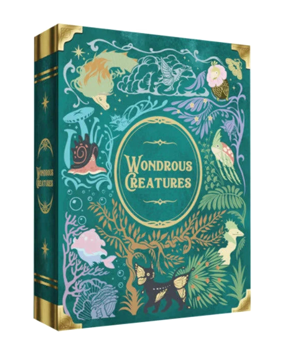 Wondrous Creatures board game is shown at a three-quarter angle, displaying its teal cover decorated with colourful fantasy illustrations and gold accents.