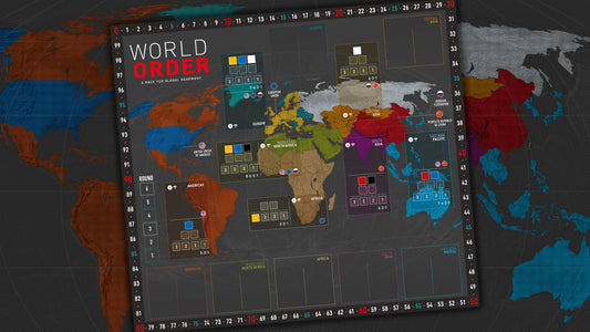 World Order board game by Hegemonic Project Games World map with political divisions on a dark background 