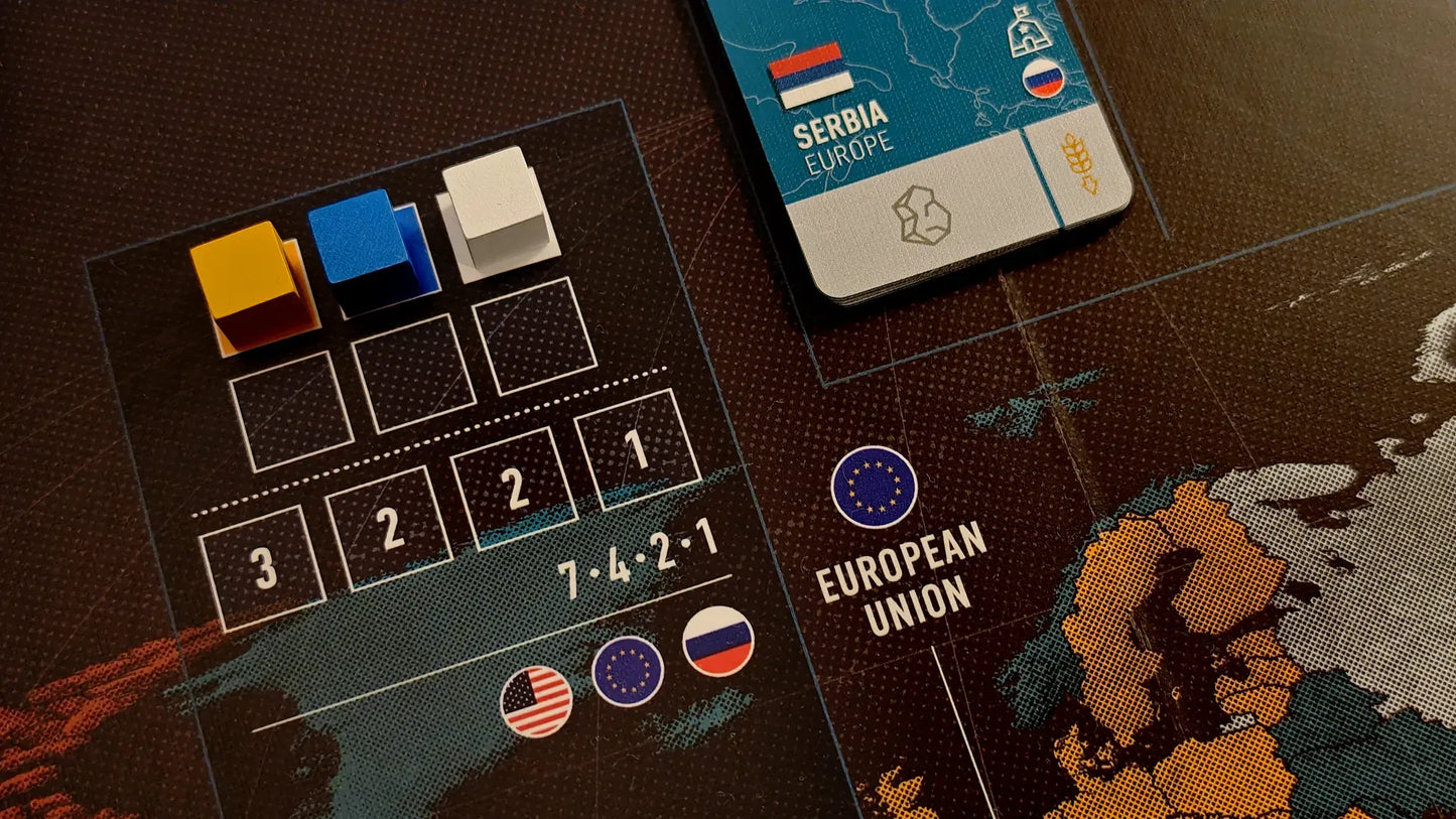 World Order board game box by Hegemonic Project Games, components on a world map with Serbia and European Union labels.